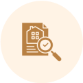 Document with house and magnifying glass icon.
